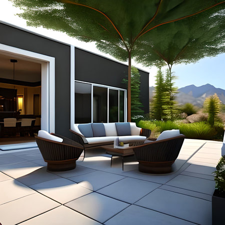 3D rendering of a modern terrace with a view to the mountainsの素材