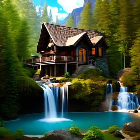 Wooden house and waterfall in the forest. 3D rendering.の素材