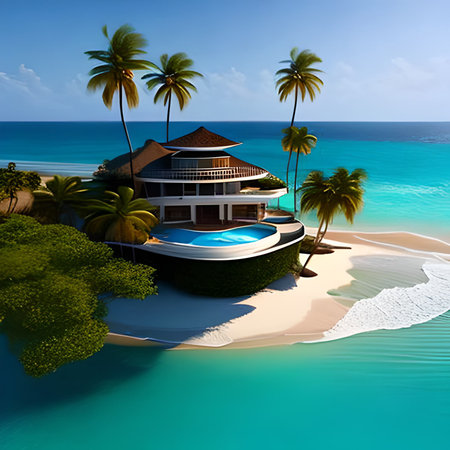 tropical island with palm trees and blue water. 3d renderの素材