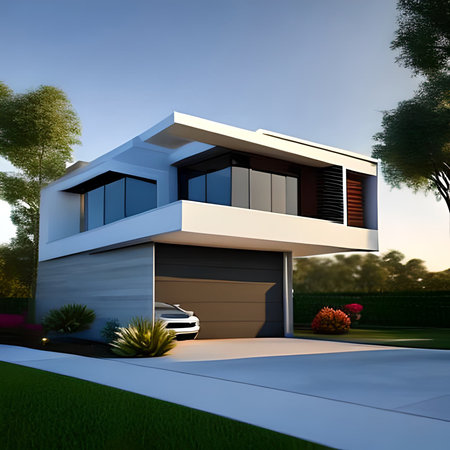 3d rendering of modern cozy house with garage for sale or rent with beautiful landscaping on background. Clear sunny summer evening with blue sky.の素材