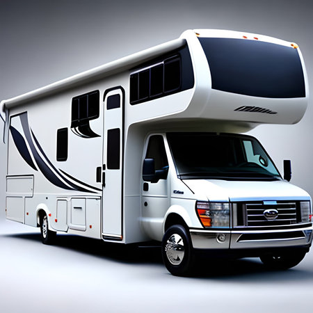 Modern camper van on a gray background. 3d rendering.の素材