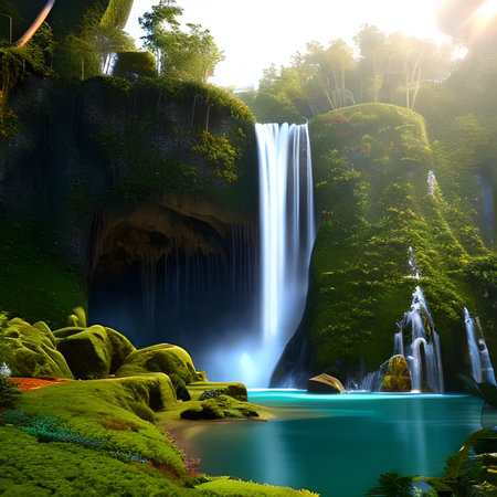 Beautiful waterfall in the jungle at sunset. 3d rendering.の素材