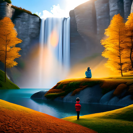 Woman standing on top of a cliff and looking at the waterfall.の素材