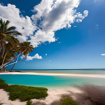 Tropical beach with palm trees, blue sky and white sandの素材