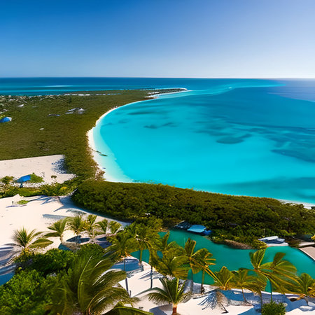 Aerial view of beautiful island with turquoise water and white sand beachの素材