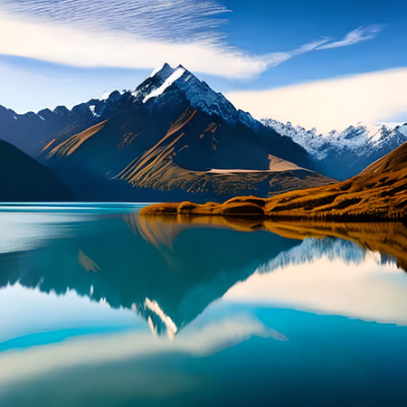 Natural landscape of New Zealand alps and lake with reflection in waterの素材