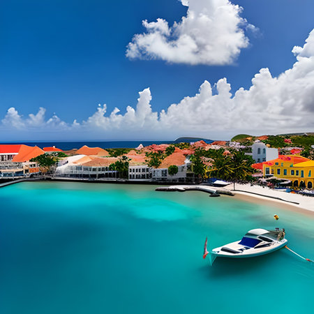 Aerial view of a beautiful tropical beach with boats and blue skyの素材