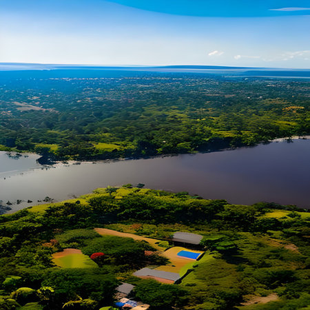 Aerial view of a lake surrounded by greenery and trees.の素材