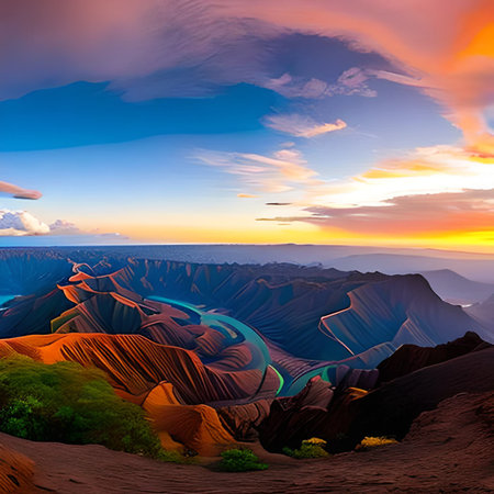 Beautiful sunset over mountains. Colorful landscape. 3d renderの素材