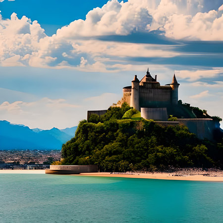 Castle on the island in the middle of the sea with mountains in the backgroundの素材