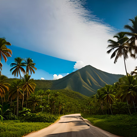 Road in the jungle with palm trees and mountains in the background.の素材