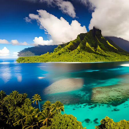 Beautiful seascape with palm trees on the island of Mauritiusの素材