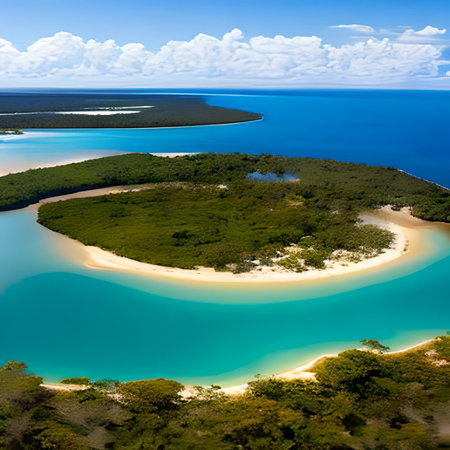 Aerial view of a tropical island with white sand and turquoise waterの素材