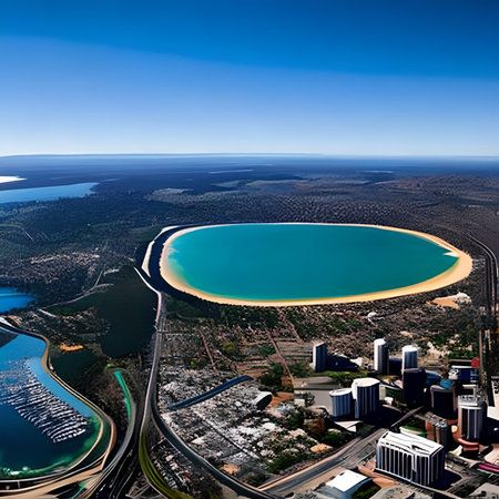 Aerial city view with crossroads and roads, houses, buildings, parks and parking lots. Helicopter drone shot. Wide Panoramic image.の素材
