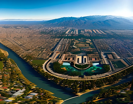 Aerial city view with crossroads and roads, houses, buildings, parks and parking lots, bridges. Helicopter drone shot. Wide Panoramic image.の素材