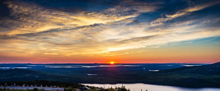 Panoramic view of beautiful sunset over the river. Karelia, Russiaの写真素材