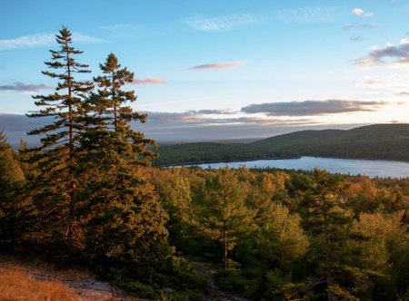Sunset on the lake. View from the top of the mountain.の写真素材