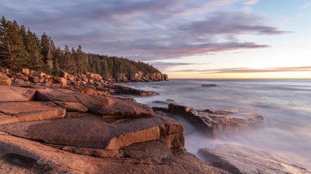 Sunset on a rocky beach in Acadia National Park, Maine.の写真素材