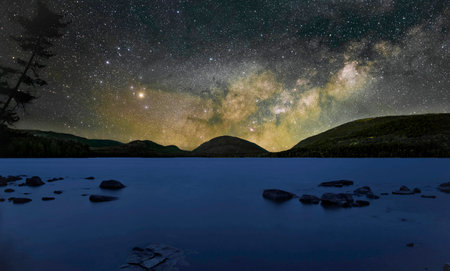 Milky Way over a lake in the mountains. Long exposure.の写真素材