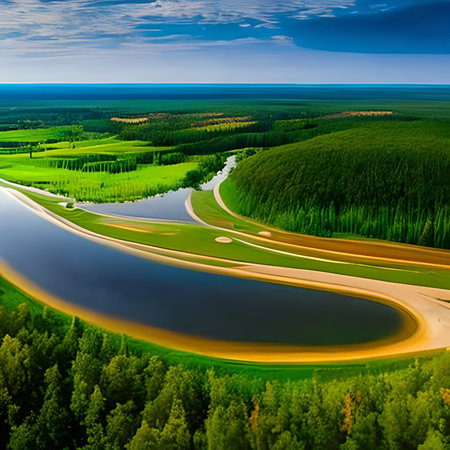 Aerial view of the river and forest. Colorful summer landscapeの素材