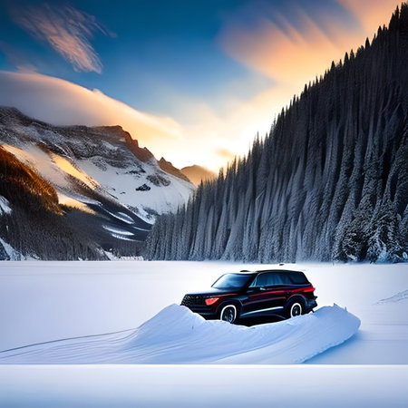 Car on snow in mountains at sunset. 3D Rendering.の素材