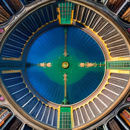 3D rendering of a kaleidoscope mandala inside a buildingの素材