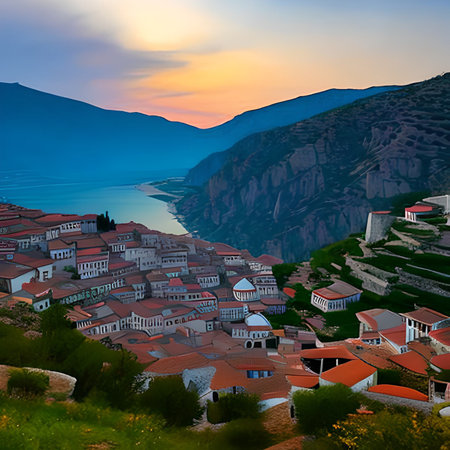 Panoramic view of the old town of Kotor at sunset, Montenegroの素材