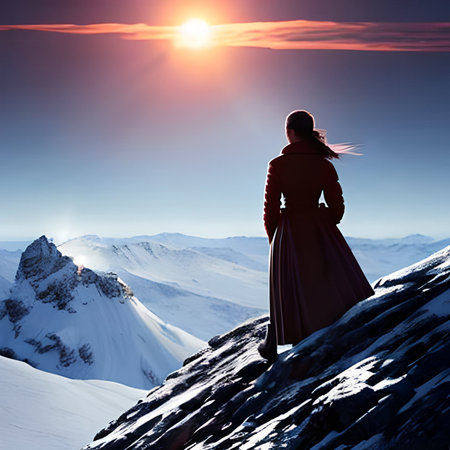 Young woman in a long dress standing on the top of the mountain and looking at the sunset.の素材