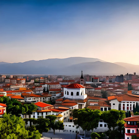 Panoramic view of old town of Lisbon at sunset, Portugalの素材