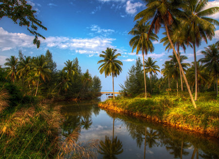 Coconut tree and river in the morning at Khao Lak, Thailandの写真素材