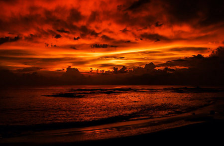 Beautiful sunset on the beach. Colorful sky at sunset.の写真素材