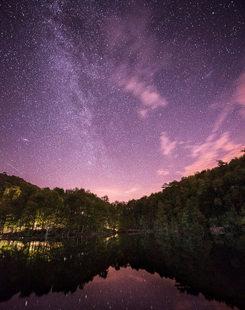 Milky Way over a lake in the woods. Long exposure.