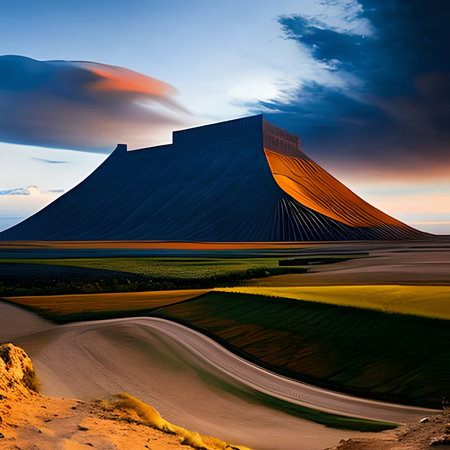 Futuristic architecture in the desert at sunset. 3d renderingの素材