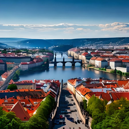 Prague, Czech Republic. Panoramic view of Vltava river.の素材