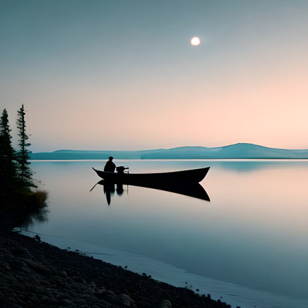 Silhouette of a man in a boat on the lake at sunsetの素材