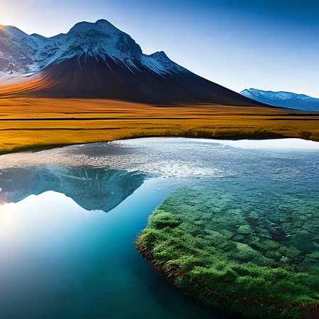 Mountain landscape with lake and reflection of snow-capped peaksの素材