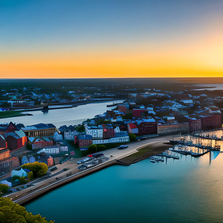 Panoramic aerial view of Bryggen at sunset, Germanyの素材