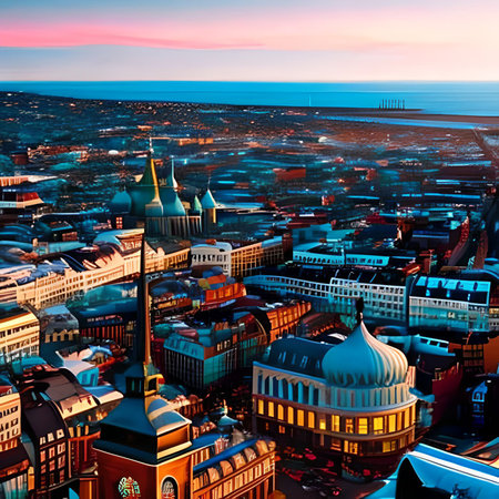 Panoramic aerial view of Tallinn, Estonia at sunset.の素材