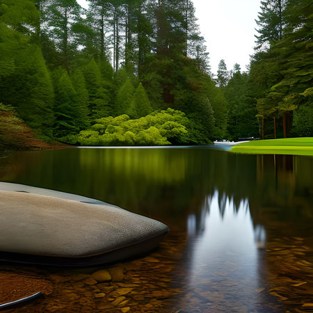 Beautiful lake with a kayak in the forest. Nature composition.の素材