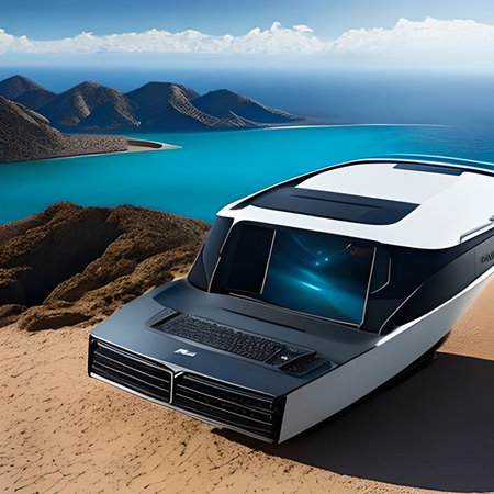 3d rendering of a brand-less generic car in the desertの素材