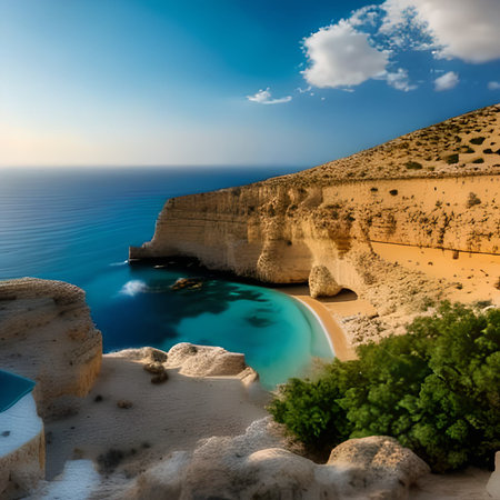 Beautiful beach with turquoise water and white sand on the coast of the island of Cyprusの素材
