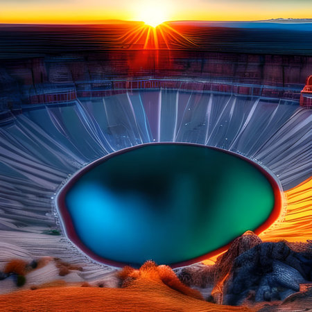 The sun goes down over a large hydroelectric power plant in the desertの素材