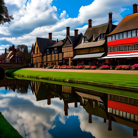 Beautiful houses reflected in the water of a lake in Bruges, Belgiumの素材