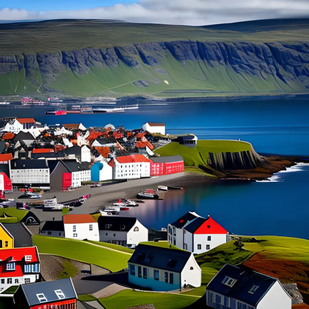 Aerial view of Mykines village in Faroe Islands.の素材
