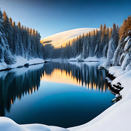 Beautiful winter landscape with snow covered trees and lake at sunset.の素材
