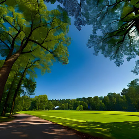 Sunny spring park with green trees and blue sky. 3d renderingの素材