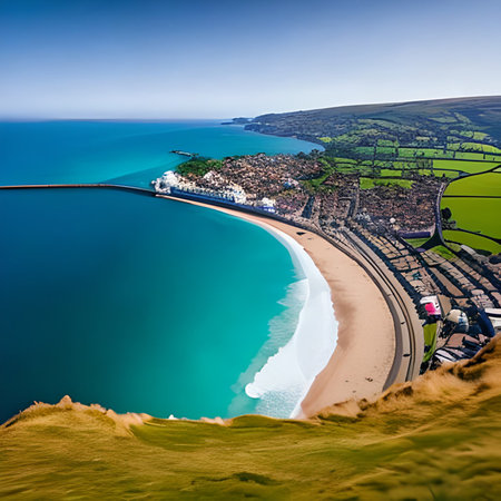 Panoramic aerial view of the beach on the Jurassic Coast in Dorset, UKの素材
