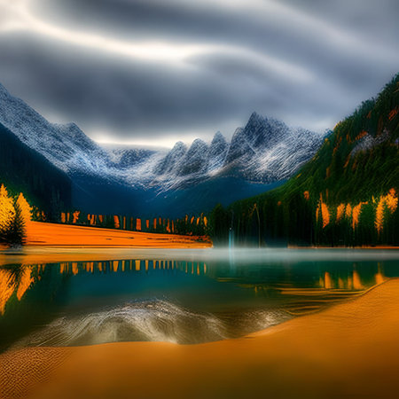 Fantastic autumn landscape with mountain lake and reflection in water.の素材