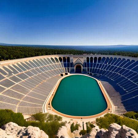 View from the top of the sports complex of the amphitheater in the mountainsの素材
