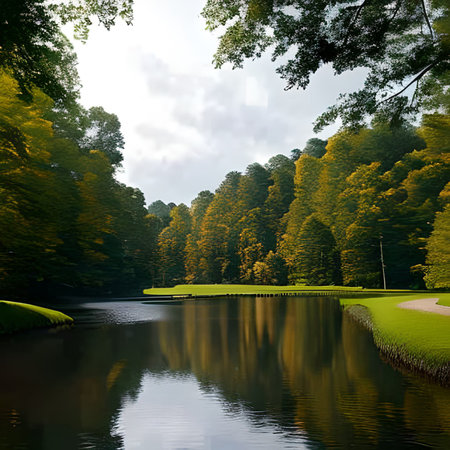 Beautiful park with pond and green trees in the morning. Spring landscape.の素材